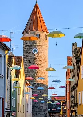 Gunzenhausen, Colorful Umbrellas Above Medieval European Street