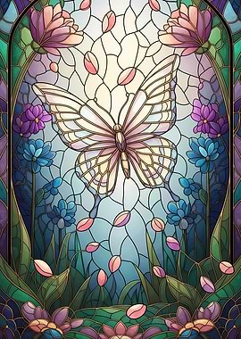 Stained Glass Butterfly and Flowers