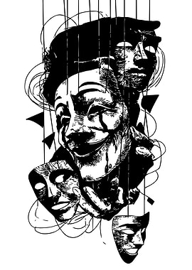 Masks and Strings Black and White Art