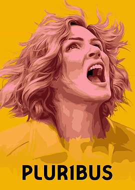 Woman shouting with Pluribus text