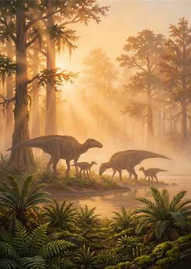 Dinosaur Family in Prehistoric Forest