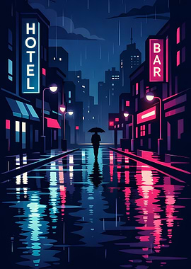 Rainy City Nightscape with Figure