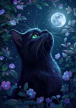 Black Cat Gazing at the Moon