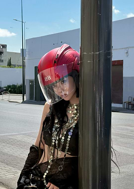 Woman with Red Helmet on Street aespa