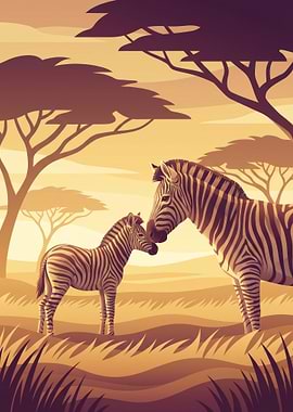 Zebra Family in African Landscape
