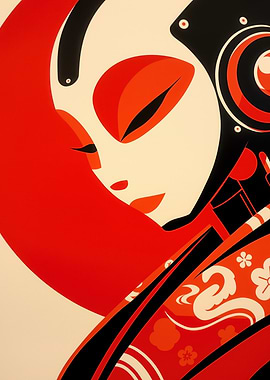 Abstract Cyber Geisha Portrait in Red and Black