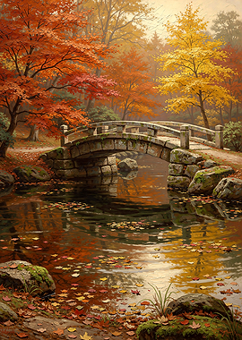 Autumn bridge over a tranquil river