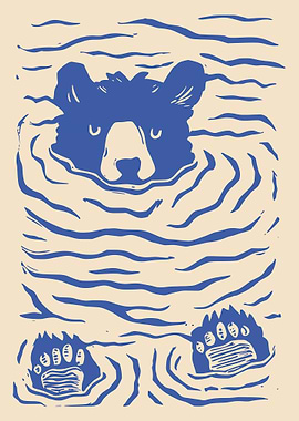 Swimming Bear Linocut Poster, Minimalist Animal Wall Art, Blue Nature Illustration Print