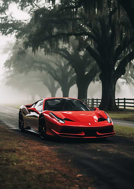 Red Ferrari on Foggy Road