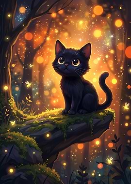 Cute Black Cat in Enchanted Forest