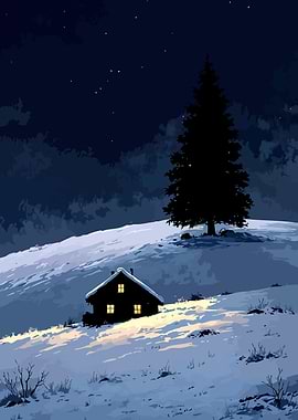 Winter Cabin Under Starry Night Sky
