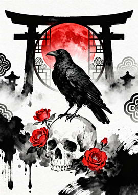 Raven on Skull with Torii Gate