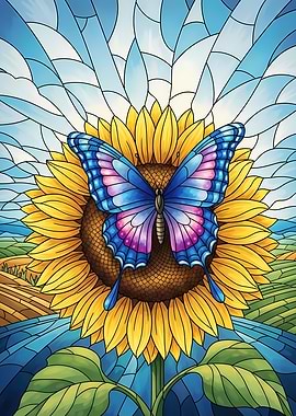 Butterfly on Sunflower Stained Glass Style