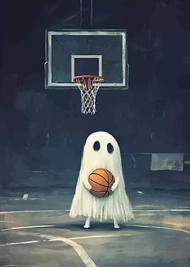 Ghost playing basketball on a court