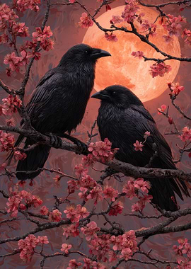 Ravens on Cherry Blossom Branch