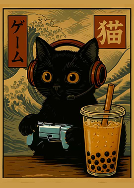 Gamer Cat with Bubble Tea