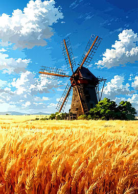 Windmill in Wheat Field Landscape