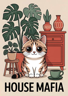 Cartoon Cat with Plants and Furniture