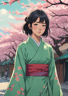 Anime Girl in Kimono with Cherry Blossoms