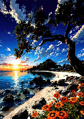 Beach Sunset with Tree and Flowers