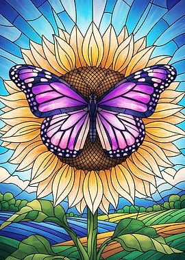 Butterfly on Sunflower Stained Glass Style
