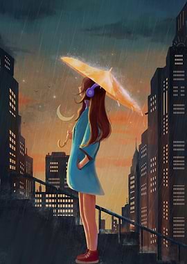 Girl in Rainy Cityscape