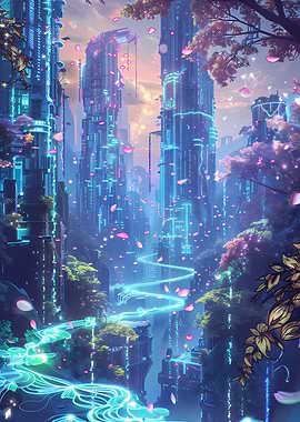 Cyber Cityscape Merging With Dreamy Nature