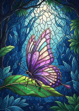 Butterfly on Leaf Stained Glass Style