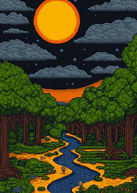 Pixel Art Forest River at Night