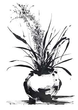 Ink Wash Painting of Floral Arrangement