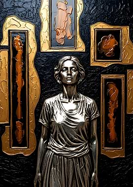 Silver Muse in Golden Frames - 3D Modern Relief Art