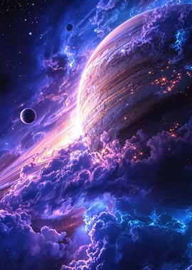 Cosmic Planet with Clouds and Stars