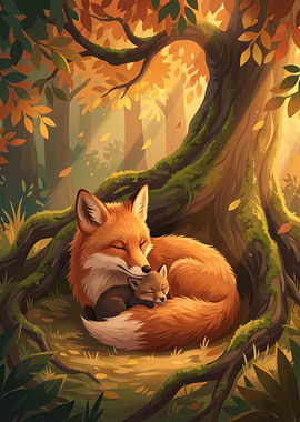 Fox and Cub Sleeping Under Tree