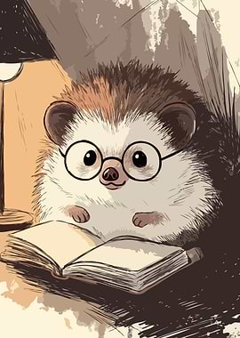 Hedgehog Reading Book Under Lamp