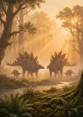 Stegosaurus family in prehistoric forest