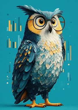 Owl with Glasses on Blue Background