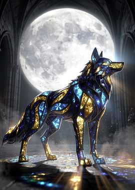 Stained Glass Wolf Under Moonlight