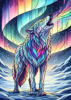 Colorful Wolf Howling Under Aurora Borealis