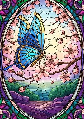 Stained Glass Butterfly and Cherry Blossoms