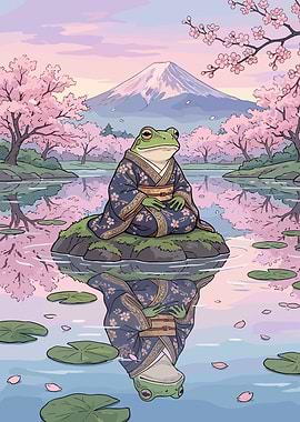 Frog in Kimono with Mount Fuji