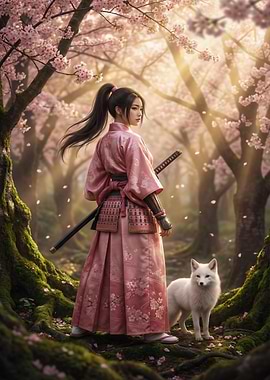 Samurai Girl with Fox in Cherry Blossom