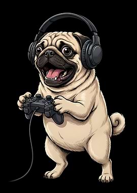 Pug Gamer with Headset and Controller