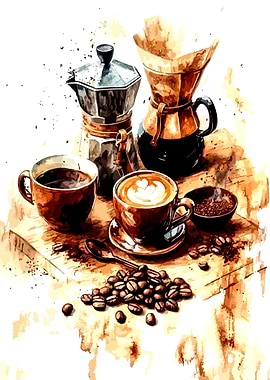 Coffee Still Life Watercolor Painting