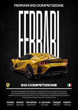 Ferrari 812 Competizione Yellow Car Poster