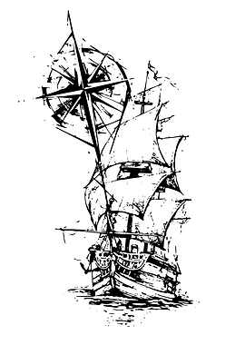 Sailing Ship and Compass Rose Illustration
