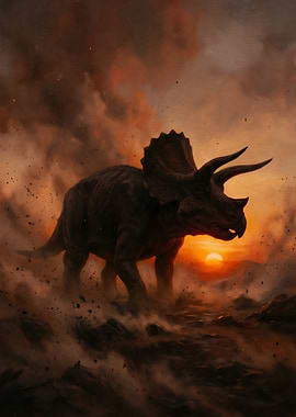 Triceratops in a fiery landscape