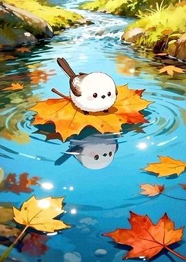 Cute Bird on Autumn Leaf in Water