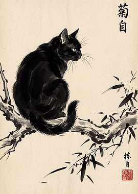 Black Cat on Branch Ink Painting