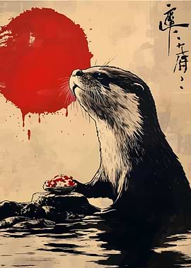 Otter with Red Sun Japanese Art