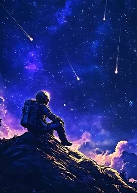 Astronaut Gazing at Shooting Stars